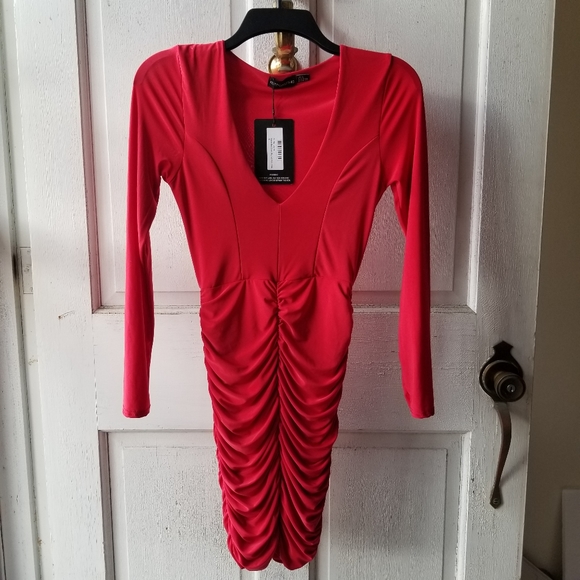 pretty little thing red ruched dress